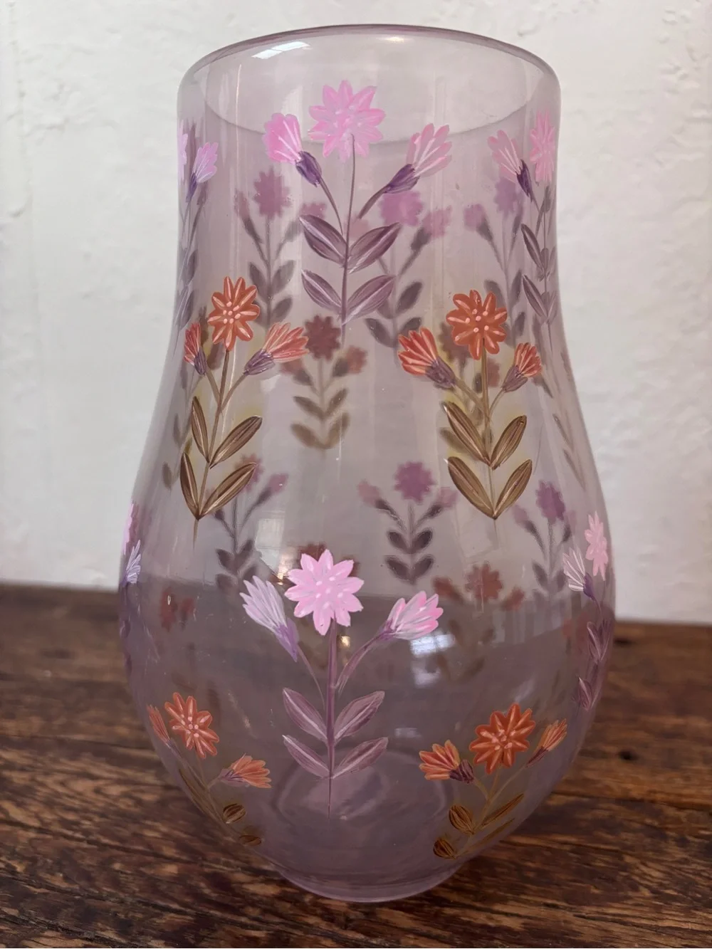 Anthropologie Lavender Glass Vase with Pink and Orange Floral Motif
